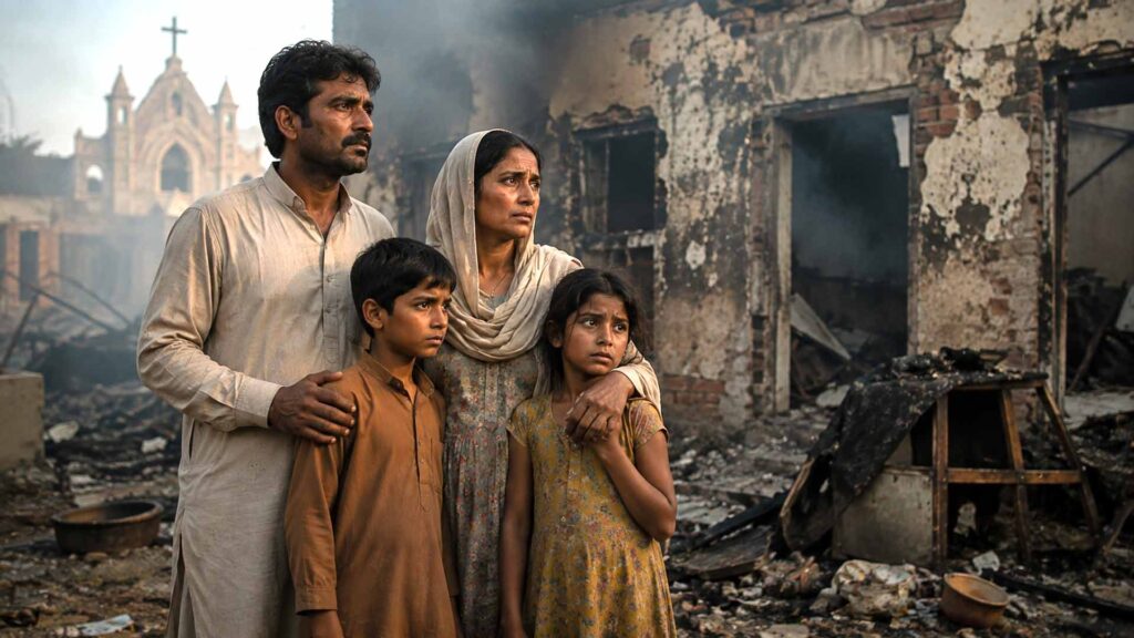 Pakistanische christliche Familie vor ihrem beschädigten Haus nach Gewalt gegen ihre Gemeinschaft.