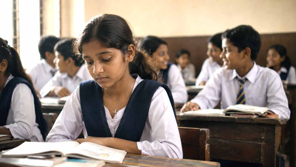 Pakistanisches christliches Schulmädchen sitzt nachdenklich in einem Klassenzimmer