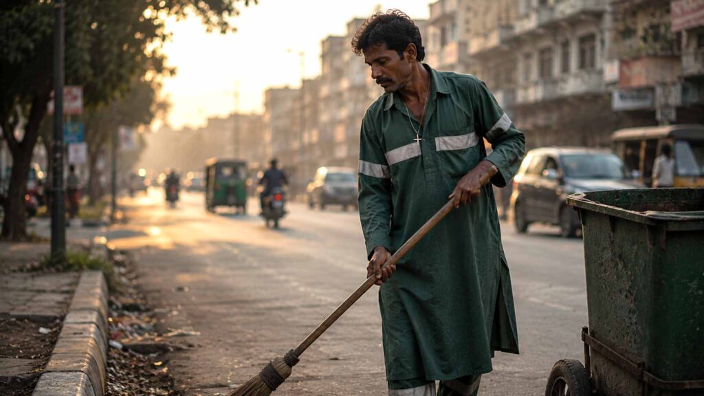 Pakistanischer christlicher kommunaler Mitarbeiter beim Reinigen einer Straße