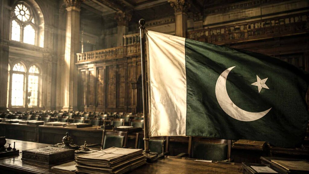Pakistanische Nationalflagge mit der weißen Bahn für religiöse Minderheiten.