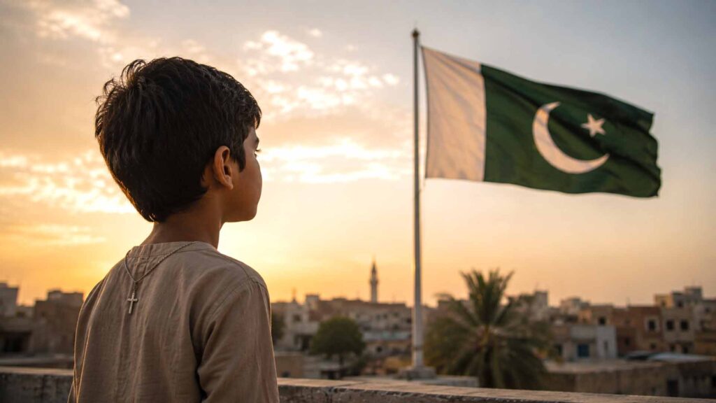Pakistanisches christliches Kind blickt auf die Nationalflagge und ihre weiße Bahn