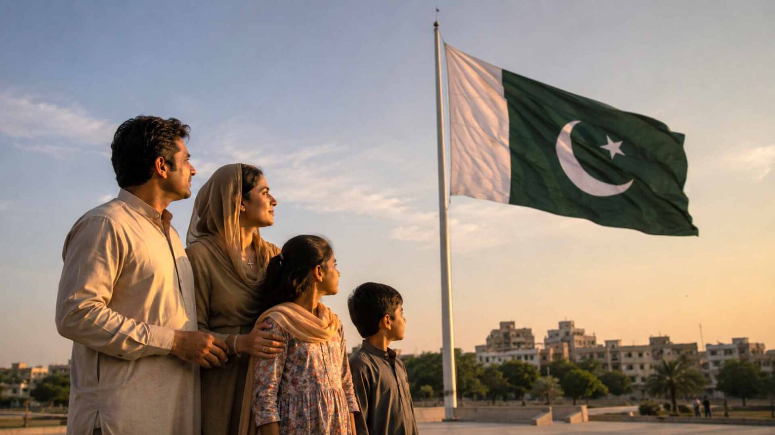 Pakistanische christliche Familie neben der Nationalflagge, deren weiße Bahn religiöse Minderheiten repräsentiert