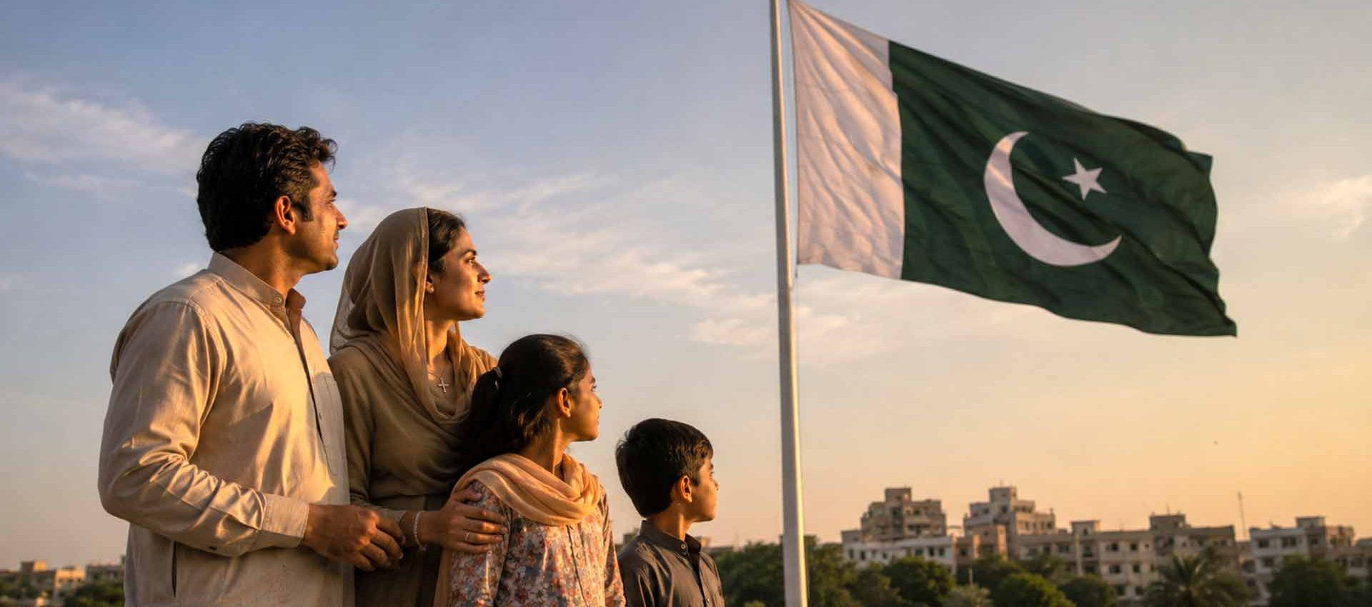 Pakistanische christliche Familie neben der Nationalflagge, deren weiße Bahn religiöse Minderheiten repräsentiert